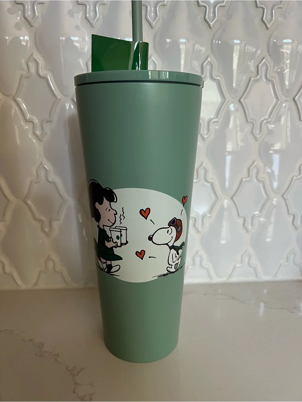 Starbucks Green Peanuts Graphic Travel Tumbler with Straw